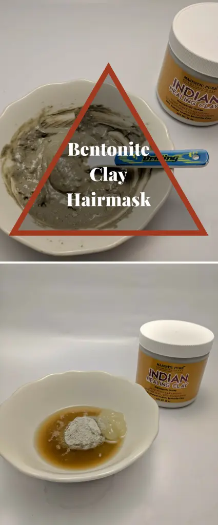 a long image with the top showing a bowl of bentonite clay hairmask mixed together and the bottom showing the same bowl before it is mixed with bentonite clay, apple cider vinegar and aloe vera gel in it
